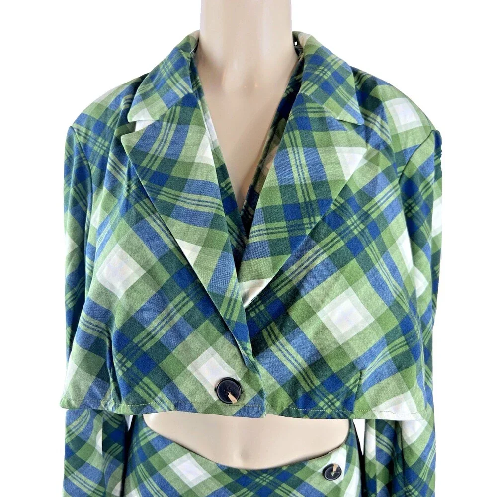 WeWoreWhat 3 Piece Suit Set Size L Cropped Blazer Skort Wrap Top Green Plaid